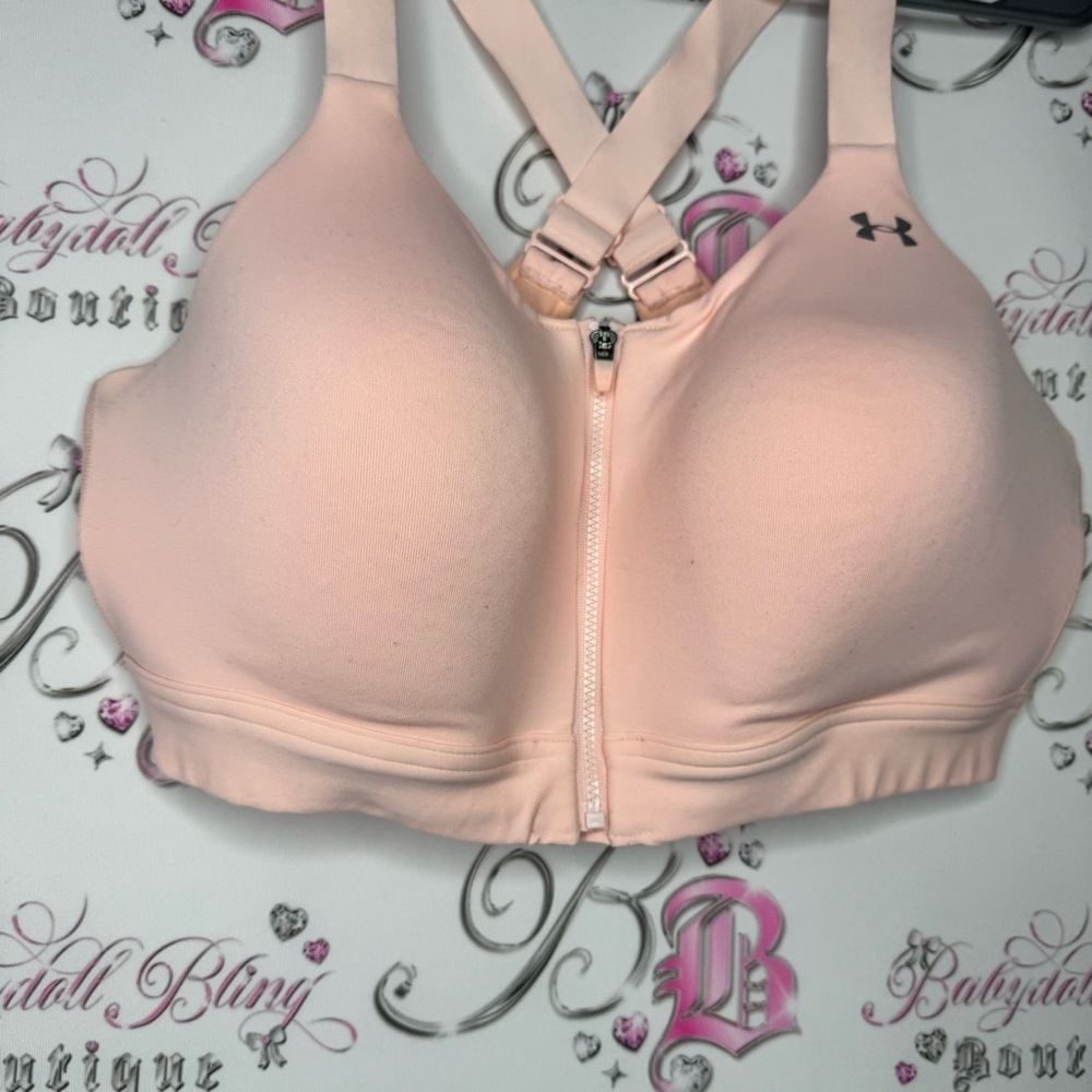 Under armour bra sports peach pink orange pastel logo silver criss cross support - Picture 4 of 9